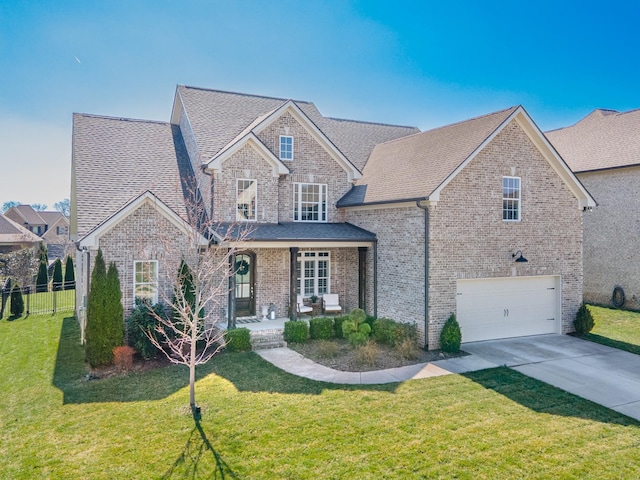 traditional home with a front lawn, driveway, a porch, an attached garage, and brick siding