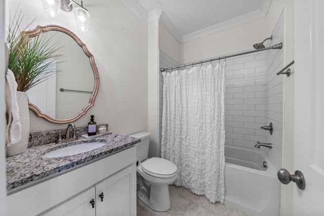 bathroom featuring shower / tub combo with curtain, toilet, ornamental molding, and vanity