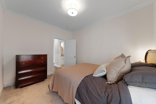 bedroom featuring light carpet, baseboards, and ornamental molding