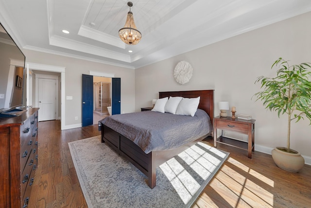 bedroom featuring a raised ceiling, a notable chandelier, dark wood-style floors, recessed lighting, and baseboards