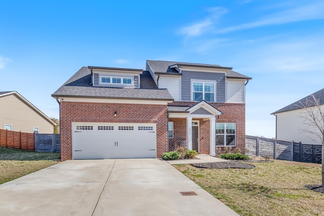 view of front of home with fence, brick siding, and driveway