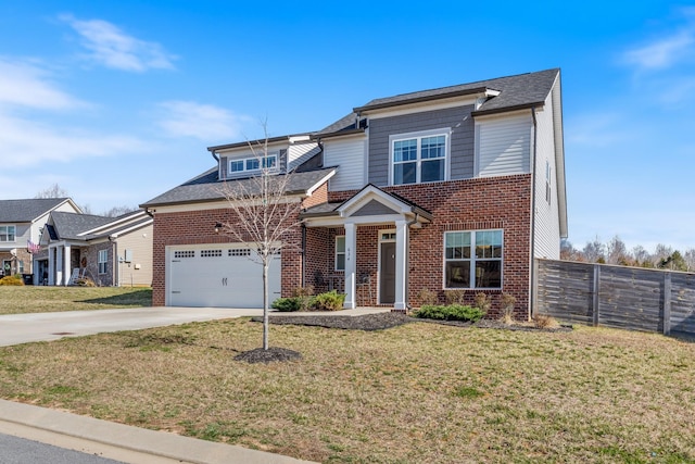 view of front facade with brick siding, concrete driveway, a front yard, and fence