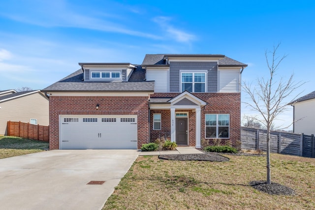 view of front facade featuring brick siding, concrete driveway, a front yard, and fence