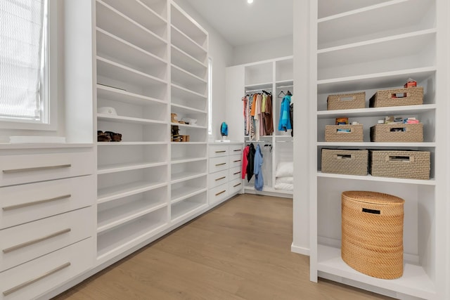 walk in closet with wood finished floors