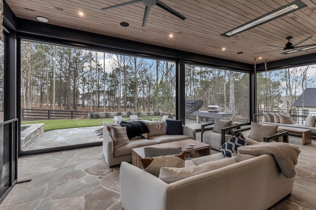 sunroom with wood ceiling, a ceiling fan, and a healthy amount of sunlight