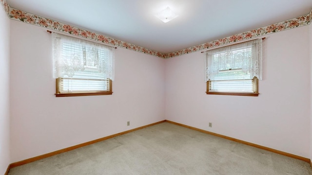 empty room featuring baseboards and light carpet