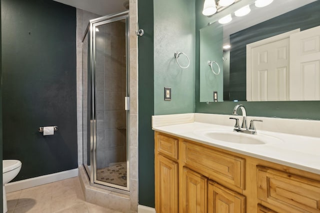 full bathroom featuring tile patterned flooring, a shower stall, toilet, and vanity