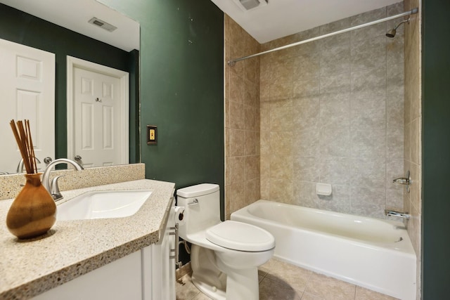 full bath with vanity, washtub / shower combination, visible vents, tile patterned flooring, and toilet