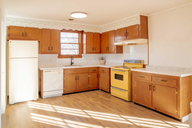 kitchen with under cabinet range hood, light countertops, light wood-style floors, white appliances, and a sink