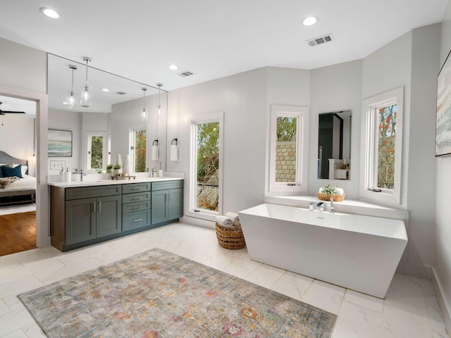 full bath with recessed lighting, visible vents, and marble finish floor