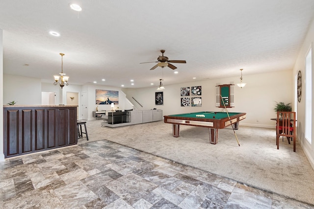 game room featuring light carpet, a ceiling fan, recessed lighting, pool table, and baseboards