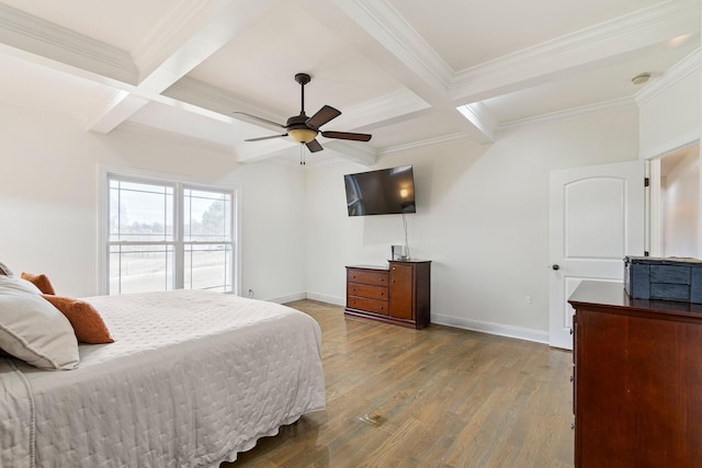 bedroom with beamed ceiling, wood finished floors, baseboards, and coffered ceiling