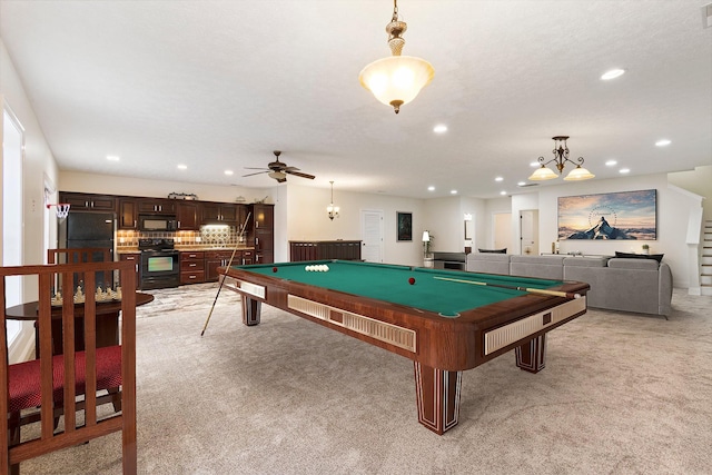 playroom featuring ceiling fan with notable chandelier, billiards, recessed lighting, and light colored carpet