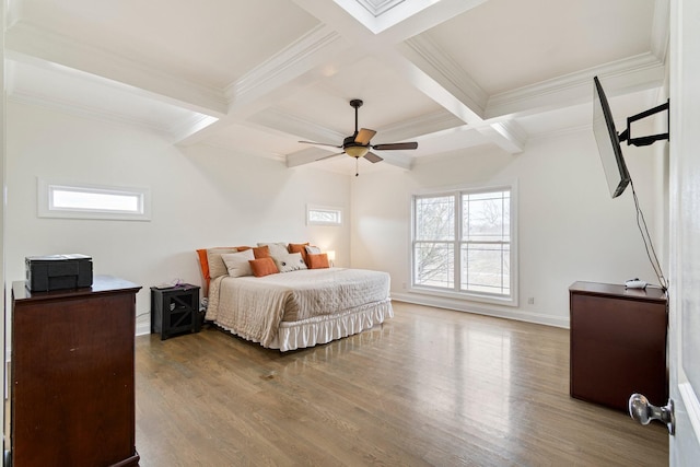 bedroom with beam ceiling, coffered ceiling, and wood finished floors