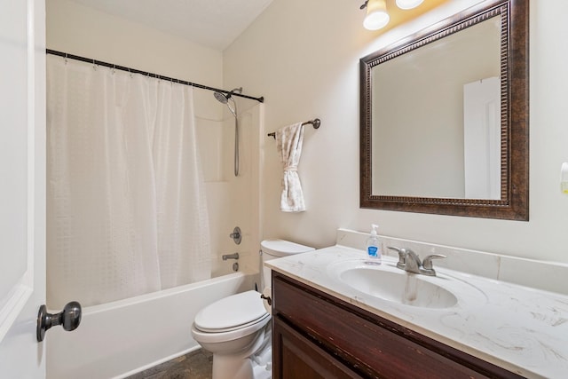 full bathroom featuring shower / tub combo with curtain, toilet, and vanity