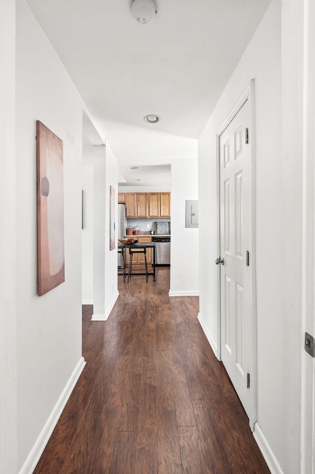 corridor with electric panel, dark wood-style floors, and baseboards