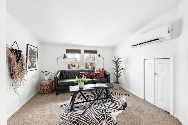 living area with baseboards, carpet, and an AC wall unit