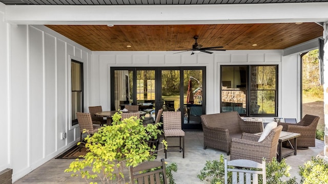 view of patio featuring french doors, outdoor lounge area, and ceiling fan