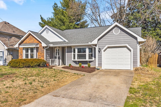 single story home featuring driveway, a front lawn, a garage, and roof with shingles