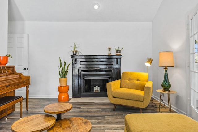 sitting room featuring wood finished floors, a fireplace, and baseboards