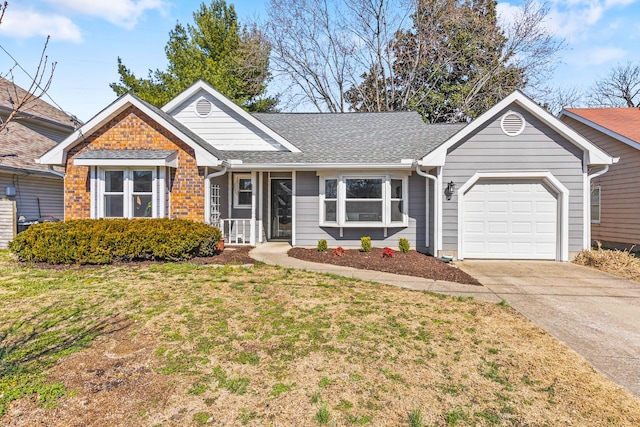 ranch-style house with a front yard, a garage, driveway, and roof with shingles