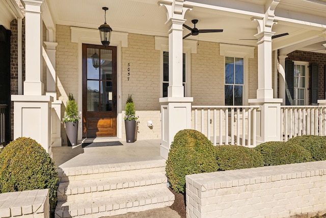 entrance to property with brick siding, a porch, and a ceiling fan