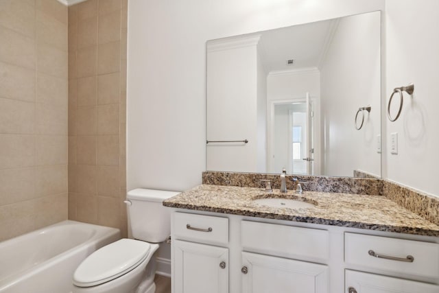 full bathroom with shower / bath combination, vanity, toilet, and crown molding