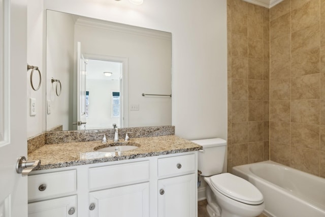 bathroom featuring toilet, vanity, and washtub / shower combination