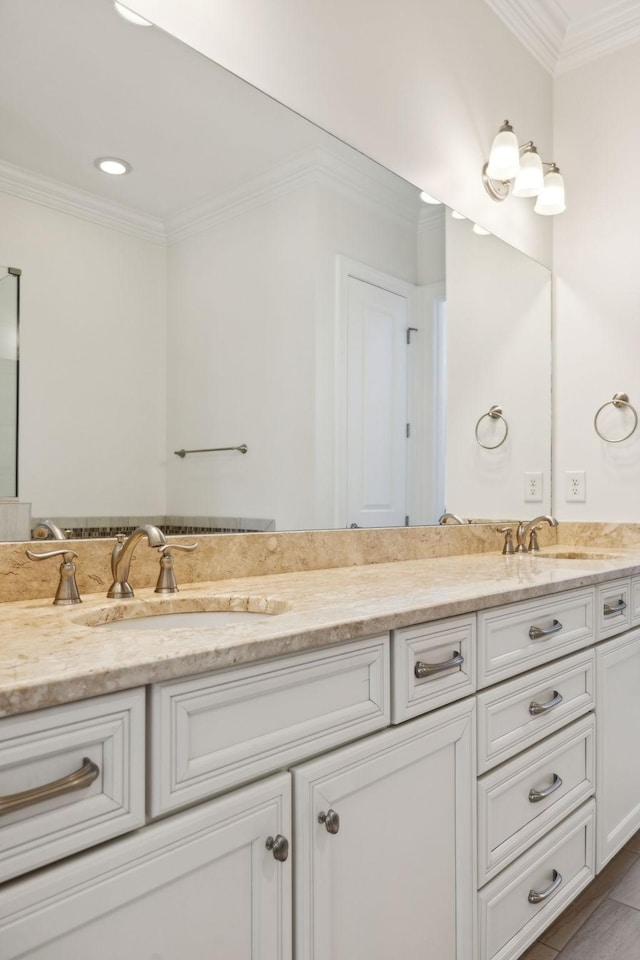 full bathroom featuring a sink, ornamental molding, and double vanity