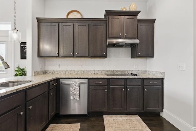 kitchen with a sink, black electric stovetop, under cabinet range hood, dark brown cabinetry, and stainless steel dishwasher