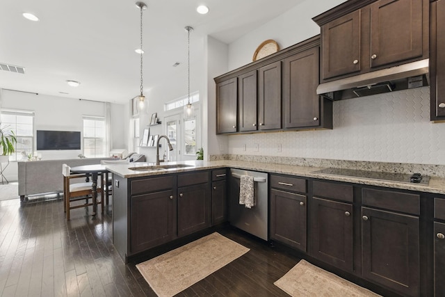 kitchen featuring visible vents, a sink, under cabinet range hood, dark brown cabinets, and dishwasher