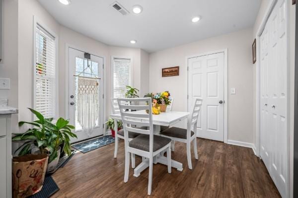 dining room with visible vents, recessed lighting, dark wood-type flooring, and baseboards