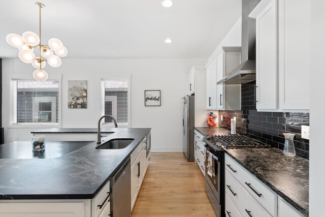 3018 Indiana Ave, Nashville, TN 37209 - kitchen with appliances with stainless steel finishes, a sink, a kitchen island with sink, decorative backsplash, and wall chimney range hood