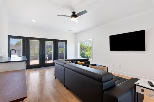 3018 Indiana Ave, Nashville, TN 37209 - living room with french doors, light wood-type flooring, a ceiling fan, and recessed lighting