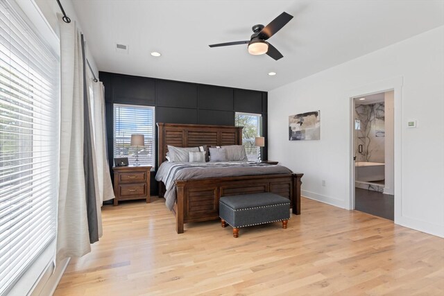 3018 Indiana Ave, Nashville, TN 37209 - bedroom featuring light wood-style floors, recessed lighting, ceiling fan, and ensuite bathroom