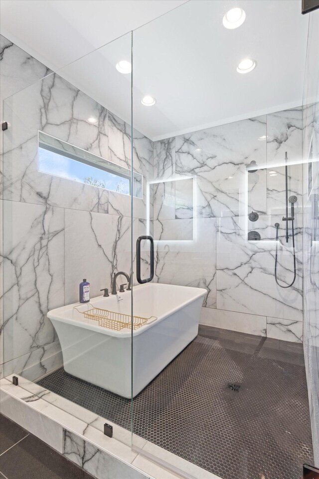 3018 Indiana Ave, Nashville, TN 37209 - bathroom featuring a marble finish shower, a soaking tub, recessed lighting, and marble finish floors