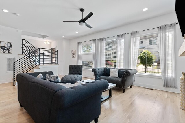 3018 Indiana Ave, Nashville, TN 37209 - living room with baseboards, stairs, light wood-style flooring, ceiling fan, and recessed lighting