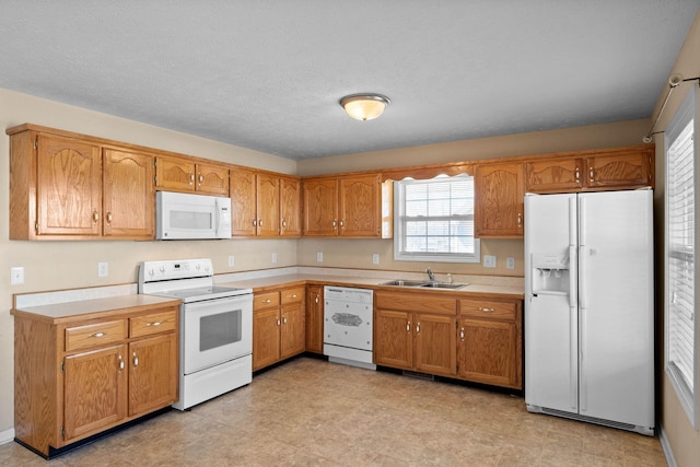 kitchen with a sink, white appliances, brown cabinets, and light countertops