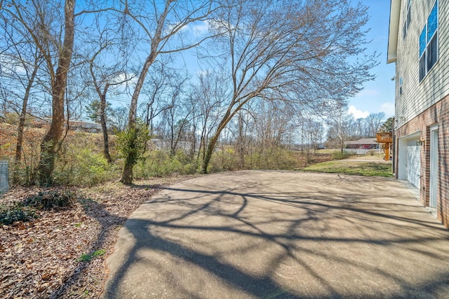 view of yard with a garage and driveway