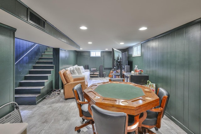 playroom with recessed lighting and light wood-style flooring