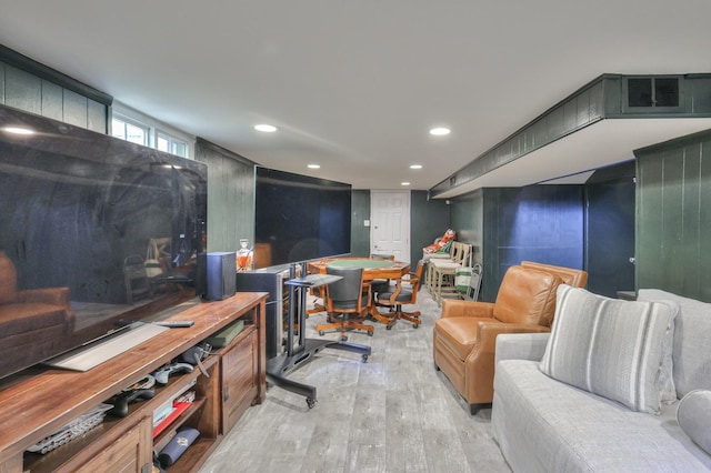 office area with recessed lighting, visible vents, and light wood-style flooring