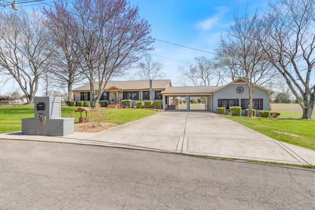 view of front of property with an attached carport, a front lawn, fence, stucco siding, and driveway