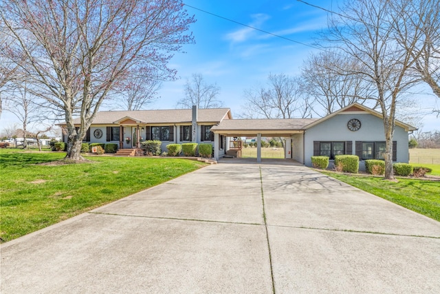 single story home featuring stucco siding, a carport, concrete driveway, and a front lawn