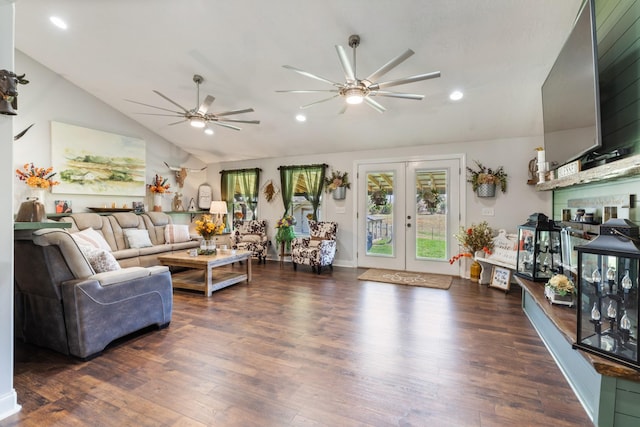 living room with wood finished floors, lofted ceiling, recessed lighting, ceiling fan, and french doors