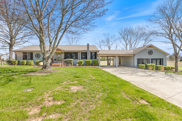 single story home with stucco siding, a front lawn, an attached carport, and driveway