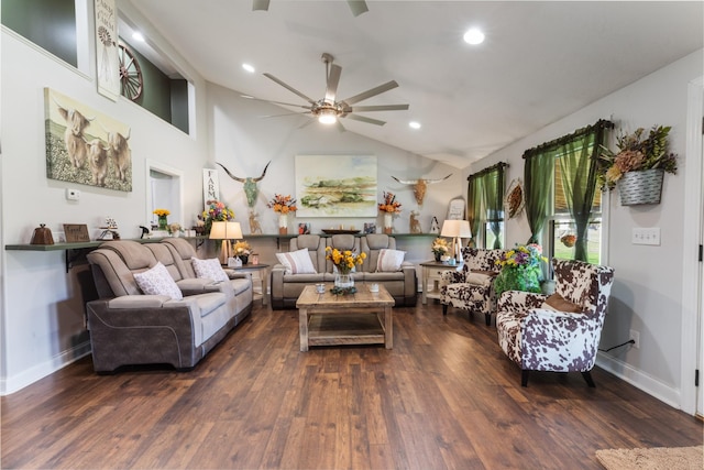 living room featuring dark wood-type flooring, recessed lighting, a ceiling fan, and lofted ceiling