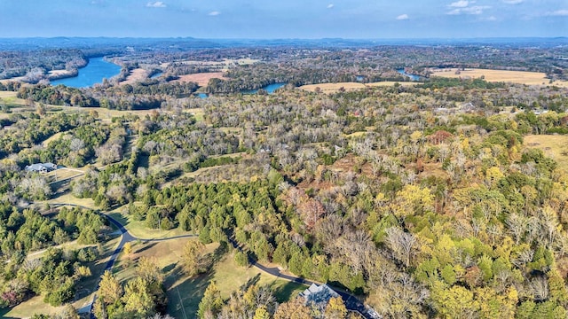 drone / aerial view with a forest view and a water view