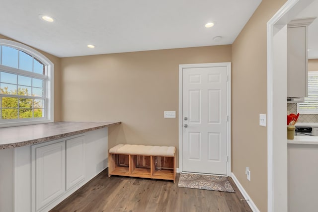 interior space with recessed lighting, baseboards, and wood finished floors