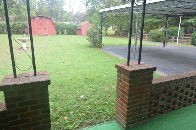 view of yard featuring a patio, a storage unit, and an outdoor structure