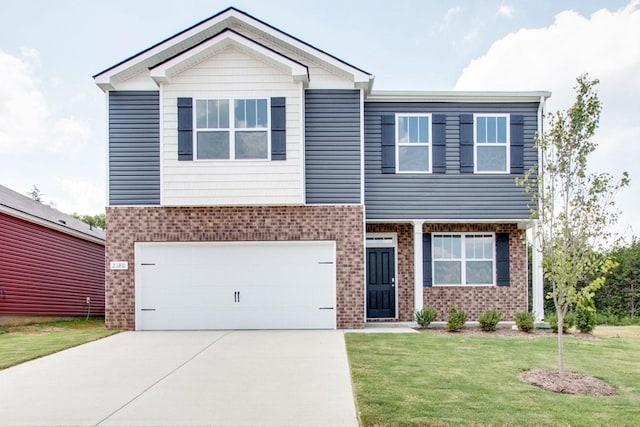 craftsman-style home with a garage, driveway, brick siding, and a front lawn